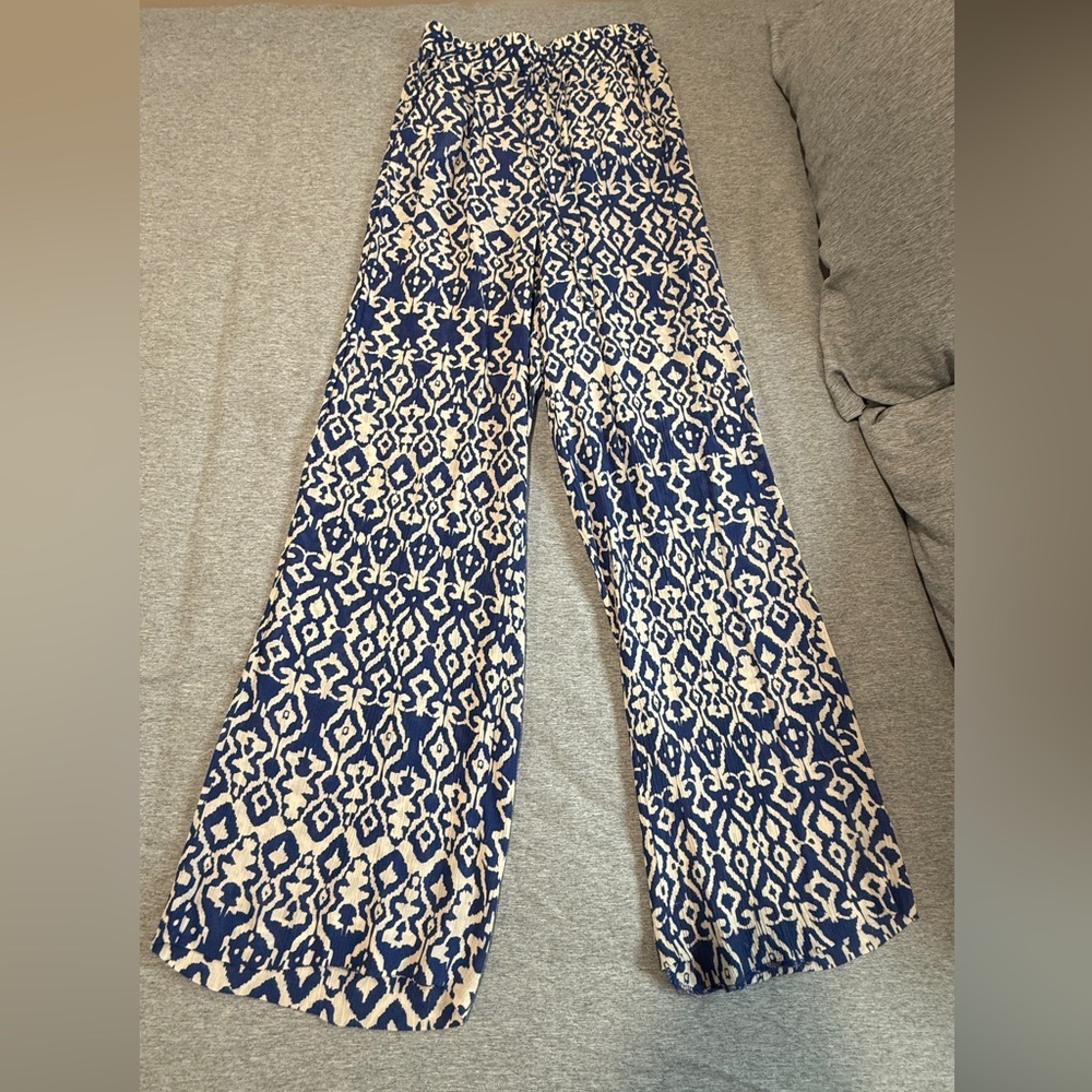 Blue and White Patterned Wide-Leg Pants